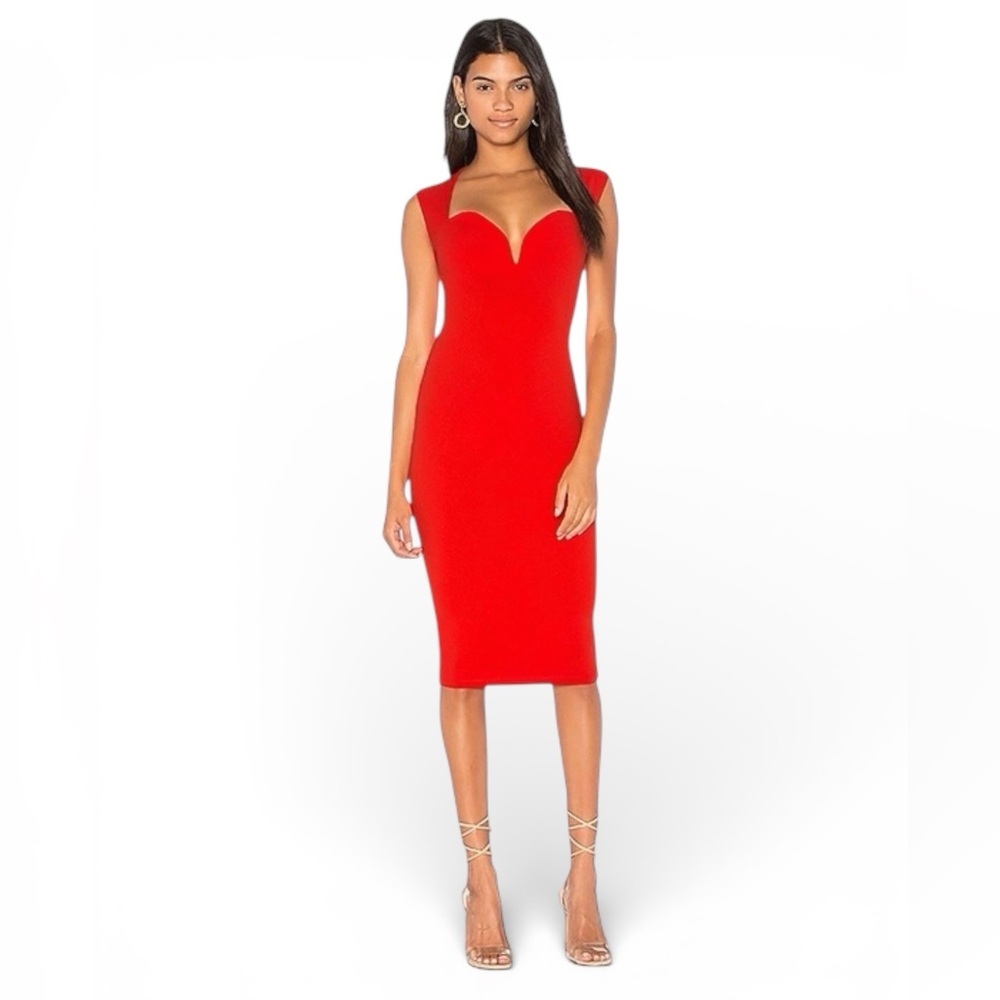 Nookie Madonna XS Cherry Red Sweetheart Bodycon Crepe Midi Dress Cocktail NWT